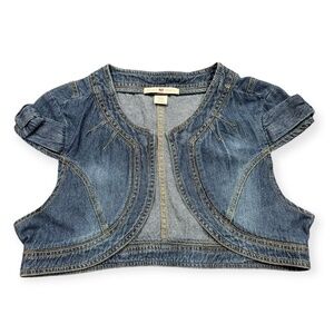 Derek Heart Women's Blue Bow Sleeve Cropped Denim Vest Bolero Size L